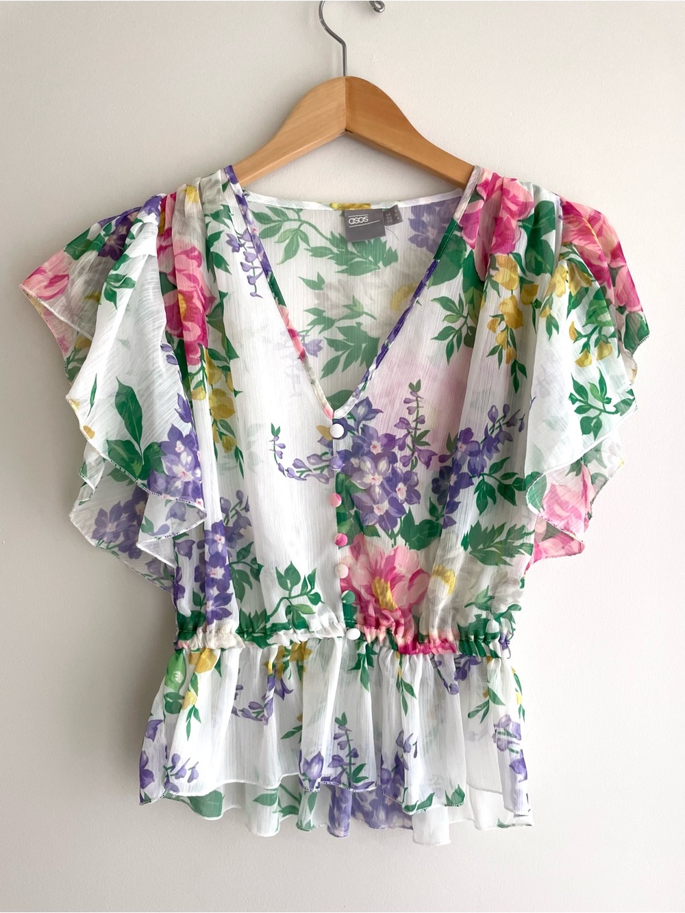 ASOS White Flowy Floral Peplum V-Neck Whimsy Blouse Afternoon Tea Garden Party